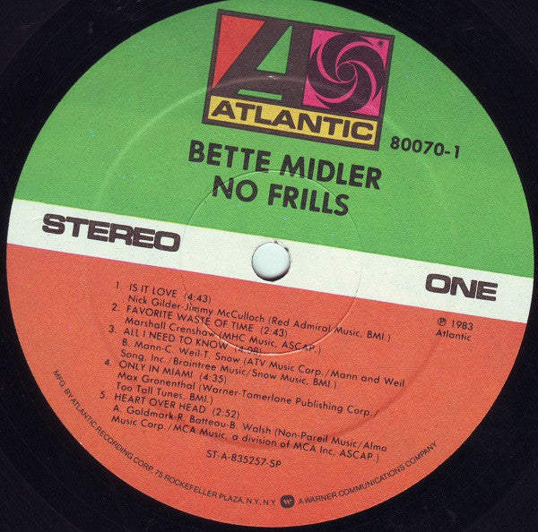 Bette Midler ‎– No Frills