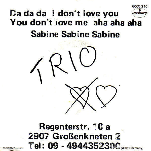 Trio ‎– Da Da Da Ich Lieb Dich Nicht Du Liebst Mich Nicht Aha Aha Aha